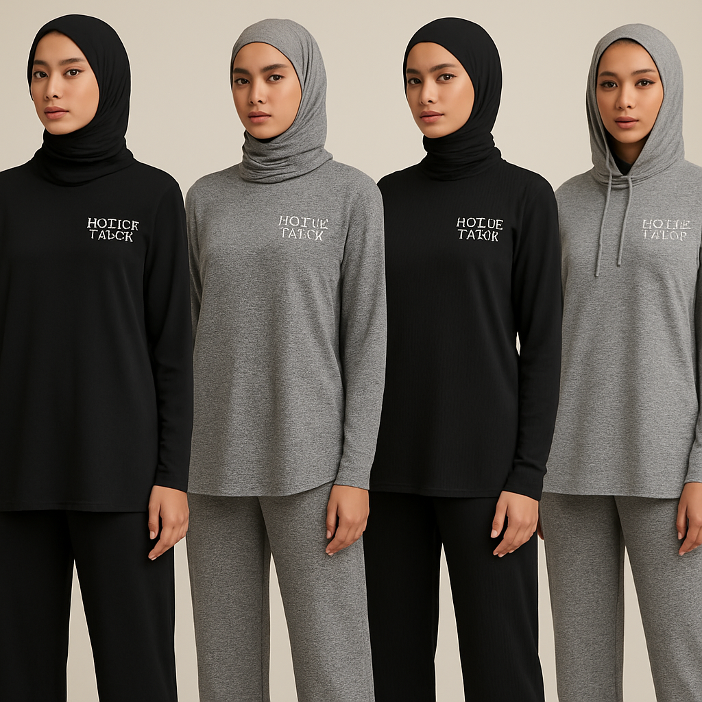 Create a revolutionary women’s modest loose gym wear brand called “Modest Fleur”. Display the brand name on the garments in a unique design on the upper right side, in small thick writing that exudes a classy and sophisticated vibe. I’d like four designs, each showcasing different styles and fabrics, with high-end, unique chic designs to make them truly special.

Create a revolutionary women’s modest loose gym wear brand called “Modest Fleur”. Display the brand name on the garments in a unique design on the upper right side, in small thick writing that exudes a classy and sophisticated vibe. I’d like four designs, each showcasing different styles and fabrics, with high-end, unique chic designs to make them truly special.