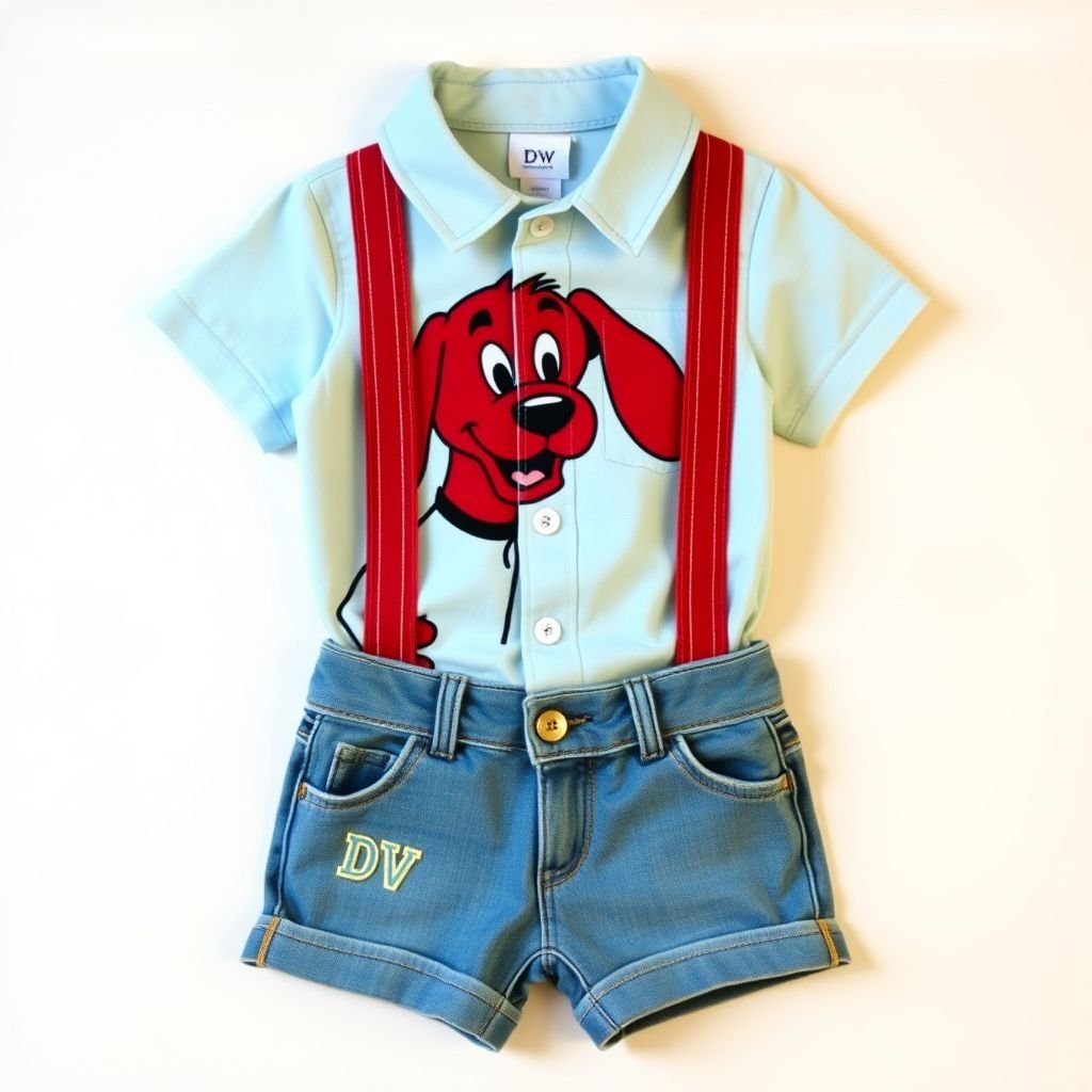 Baby boy infant and toddler Clifford cartoon outfit. With DV on bottom left corner. Make sure to actually include the red Clifford dog cartoon character
Design a vintage-inspired baby boy outfit featuring a playful Clifford the Big Red Dog theme. Incorporate classic 1940s patterns with soft cotton fabric, showcasing Clifford's cheerful face on a collared shirt. Pair it with suspenders and gently faded denim shorts. Add a small embroidered "DV" in the bottom left corner for a nostalgic touch.