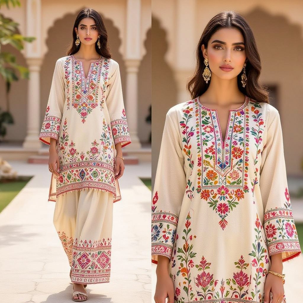 Sindhi dresses 2 pc designs
Sindhi dresses, 2-piece designs, featuring traditional mirror work on cotton fabric, in a relaxed fit with a straight-cut tunic and wide-leg trousers.