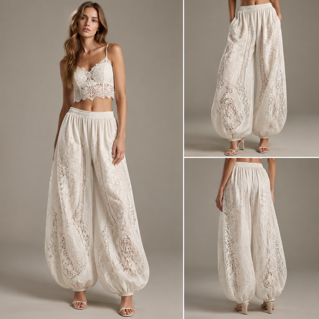 photorealistic fashion design, A Female Pants design. создай брюки аладины объёмного размера белой расцветке с элементами кружева в низу штаны выполнены саморегулирующийся резинкой, резинка на поясе выполнена без шнурков основа ткань у штанов шёлк. Russia fashion aesthetics. Present it as professional fashion catalogue photography: the garment is the subject, shown full-length with editorial styling, neutral posing and tasteful, non-suggestive framing., just the design no text. Refinement: по всей длине штанов присутствуют кружева
photorealistic fashion design, photorealistic fashion design, A Female Pants design. создай брюки аладины объёмного размера белой расцветке с элементами кружева в низу штаны выполнены саморегулирующийся резинкой, резинка на поясе выполнена без шнурков основа ткань у штанов шёлк. Russia fashion aesthetics. Present it as professional fashion catalogue photography: the garment is the subject, shown full-length with editorial styling, neutral posing and tasteful, non-suggestive framing., just the design no text. Refinement: по всей длине штанов присутствуют кружева , just the design no text