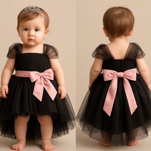 1歳の女の子のベビードレス着用画
黒のチュールドレス、前が短くて後ろが長いスカート、短長はっきりと
上半身は、細かいギャザーを寄せたベアトップのチュールのボディス
その上から同一色のチュールショルダーラップ、肩から膝上までをふんわり巻き付けるように、背中で左右のショルダーラップがくっつくように
胸下の切り返しにローズピンクのサテン生地の太めのリボンを前から一周巻いて、真ん中ではなく、左前あたりで大きくリボン縛り、リボンに程よくシルバーの小さいキラキラストーンをつけて
背中にリボンはなし
頭には派手すぎないシルバーのティアラ