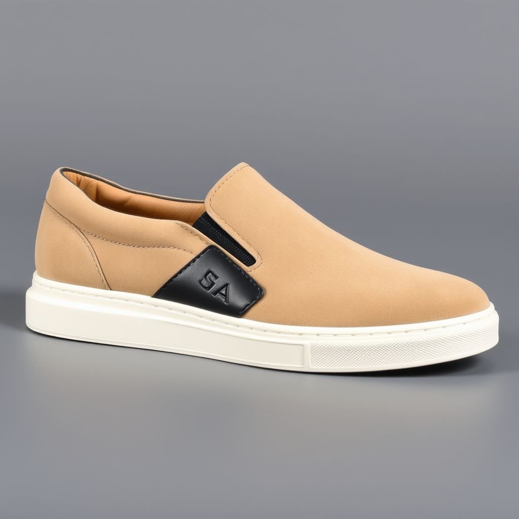 Beige slip on male luxury sneaker with black leather patches
Beige slip-on male luxury sneaker, soft suede exterior, sleek silhouette, minimalist design. Black leather patches, geometric patterns, adding contrast and depth. Cushioned insole, plush lining, understated elegance. Sturdy rubber sole, subtle sheen, refined craftsmanship. Perfect fusion of comfort and sophistication, ideal for casual outings and upscale events alike. Timeless appeal.