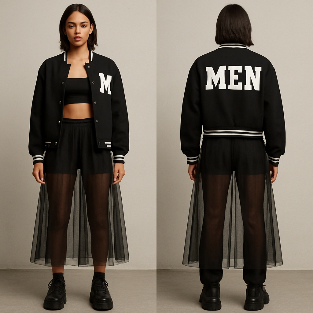 A crop top with some pants a see through skirt over the pants and a letters men jacket
A crop top with some pants a see through skirt over the pants and a letters men jacket , streetwear style, show front and back