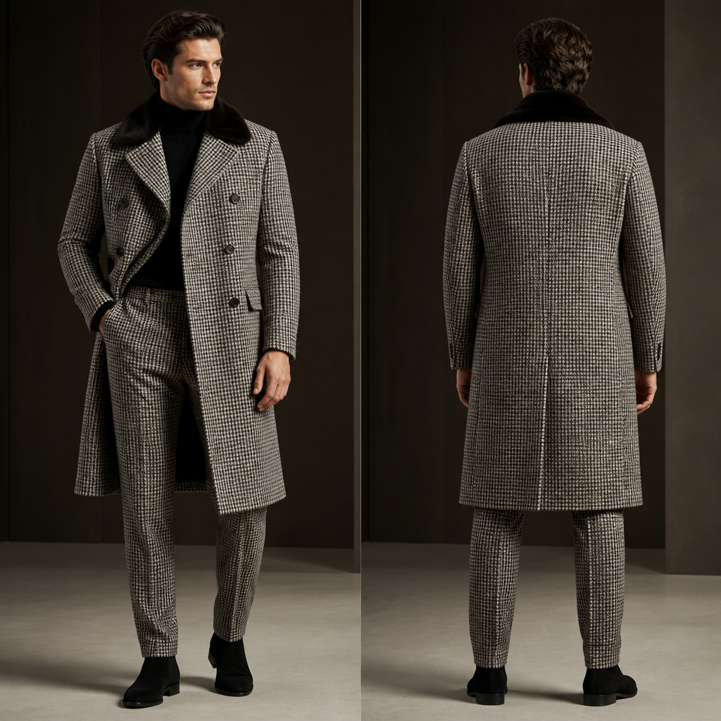 mens houndstooth cashmere double breasted long coat with mink collar and matching pants, black cashmere turtleneck sweater , black suede boots
photorealistic fashion design, mens houndstooth cashmere double breasted long coat with mink collar and matching pants, black cashmere turtleneck sweater , black suede boots, winter style, just the design no text, show front and back
