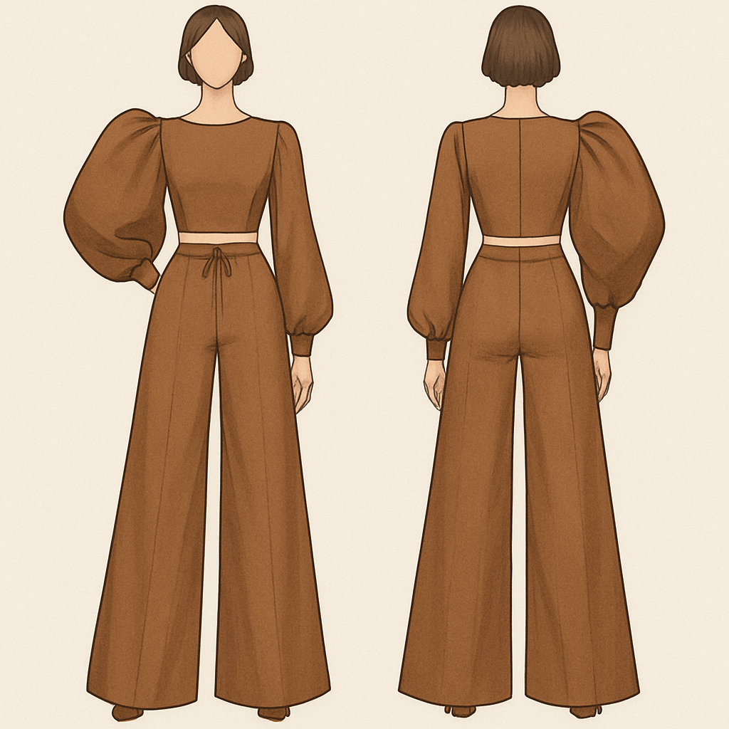 A lovely two piece with an exaggerated sleeve and pant size.
A lovely two piece with an exaggerated sleeve and pant size., show front and back