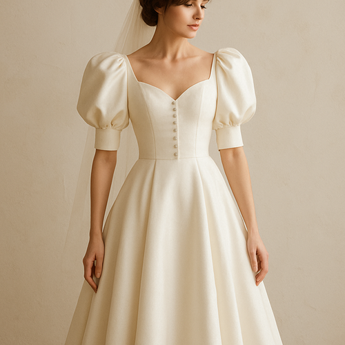Mid length wedding 
dress puffed sleeves