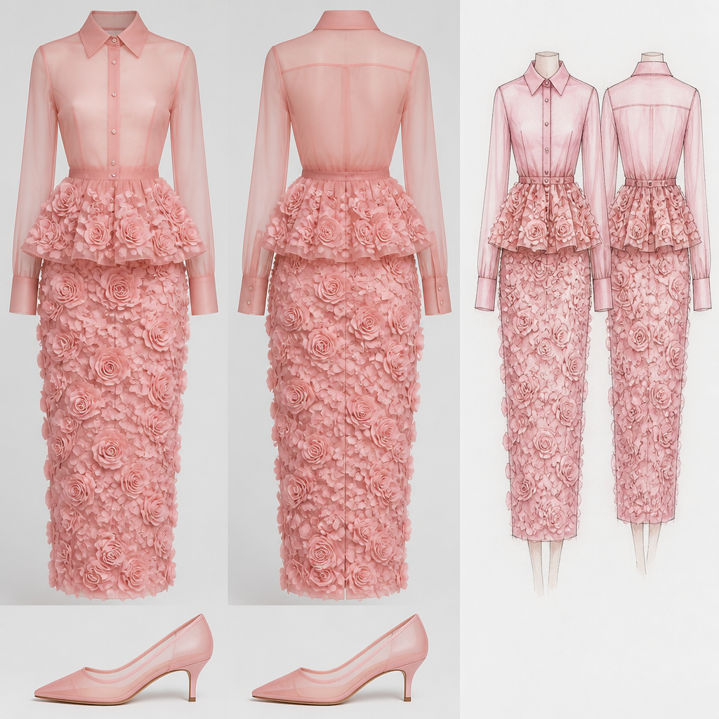 Pink sheer blouse button down long collar cuffs , long blouse plain peplum past the waist put 3D floral rose all the way around and a long midi length shirt full of 3 D floral roses with pink sheer shoes with a 2 inch heel no model just outfit and I also want a drawing. Everything in Pink
photorealistic fashion design, Pink sheer blouse button down long collar cuffs , long blouse plain peplum past the waist put 3D floral rose all the way around and a long midi length shirt full of 3 D floral roses with pink sheer shoes with a 2 inch heel no model just outfit and I also want a drawing. Everything in Pink , formal style, just the design no text, show front and back