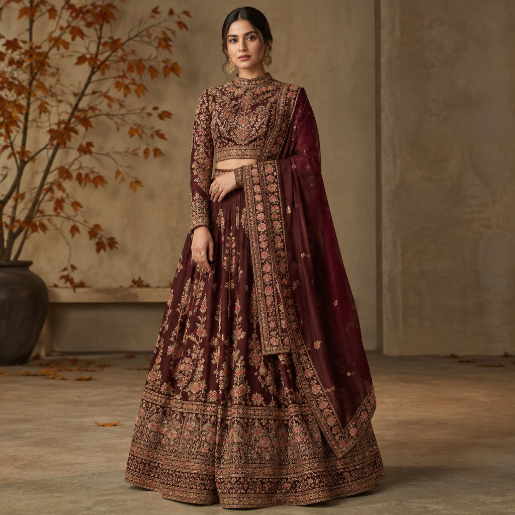 A Female Lehenga design, with modest, full coverage: longer hemlines, higher necklines and covered shoulders, suitable for Fall. Consider Indian fashion aesthetics — consider saree, lehenga, salwar kameez, kurti, anarkali; local fabrics like chanderi, banarasi, chikankari, block prints; vibrant colors and rich embroidery. Current season is Autumn in India. Present it as professional fashion catalogue photography: the garment is the subject, shown full-length with editorial styling, neutral posing and tasteful, non-suggestive framing.
photorealistic fashion design, A Female Lehenga design, with modest, full coverage: longer hemlines, higher necklines and covered shoulders, suitable for Fall. Consider Indian fashion aesthetics — consider saree, lehenga, salwar kameez, kurti, anarkali; local fabrics like chanderi, banarasi, chikankari, block prints; vibrant colors and rich embroidery. Current season is Autumn in India. Present it as professional fashion catalogue photography: the garment is the subject, shown full-length with editorial styling, neutral posing and tasteful, non-suggestive framing., just the design no text
