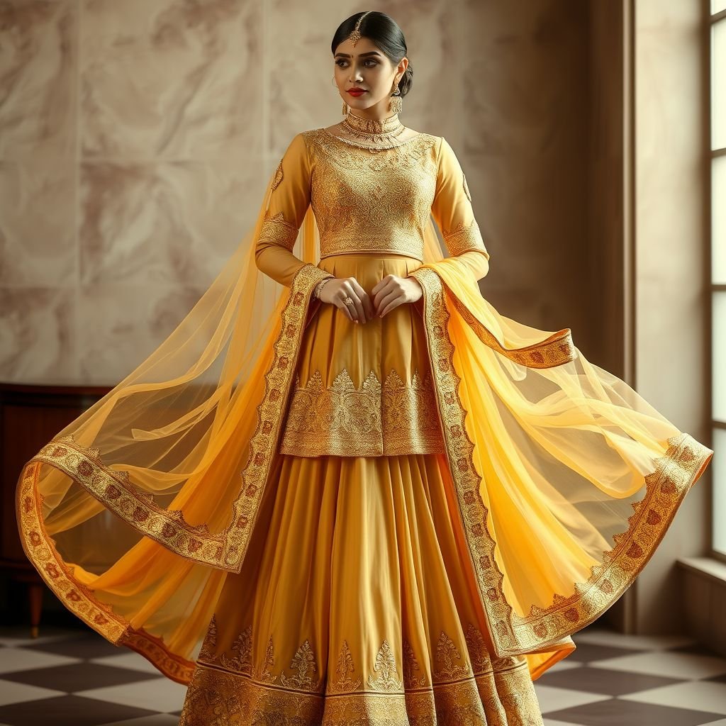 I want to make a flowy silhouette of indian bridal color gold monotone sharara with short kurti round necline long dupatta handwork and golden apploque work golden brown
Design a classic Indian bridal ensemble featuring a flowy gold monotone sharara, exuding elegance. The short kurti showcases a round neckline, detailed with intricate handwork and golden appliqué embellishments. The long dupatta drapes gracefully, shimmering softly in the light. This timeless piece merges tradition with refined sophistication, perfect for any regal occasion.