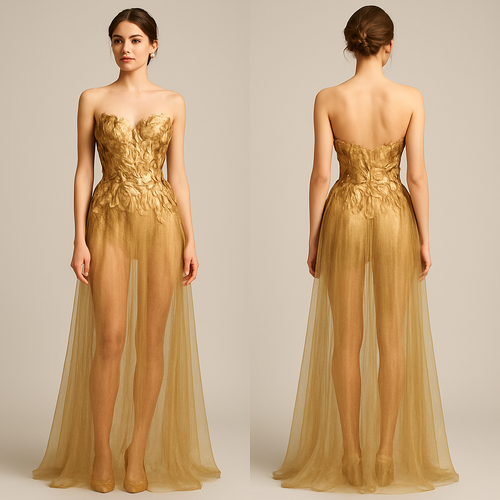 vestito elegante con corpetto  senza spalline con delle foglie in 3d e sotto un velo trasparente stretto si vedono le gambe tutto oro 