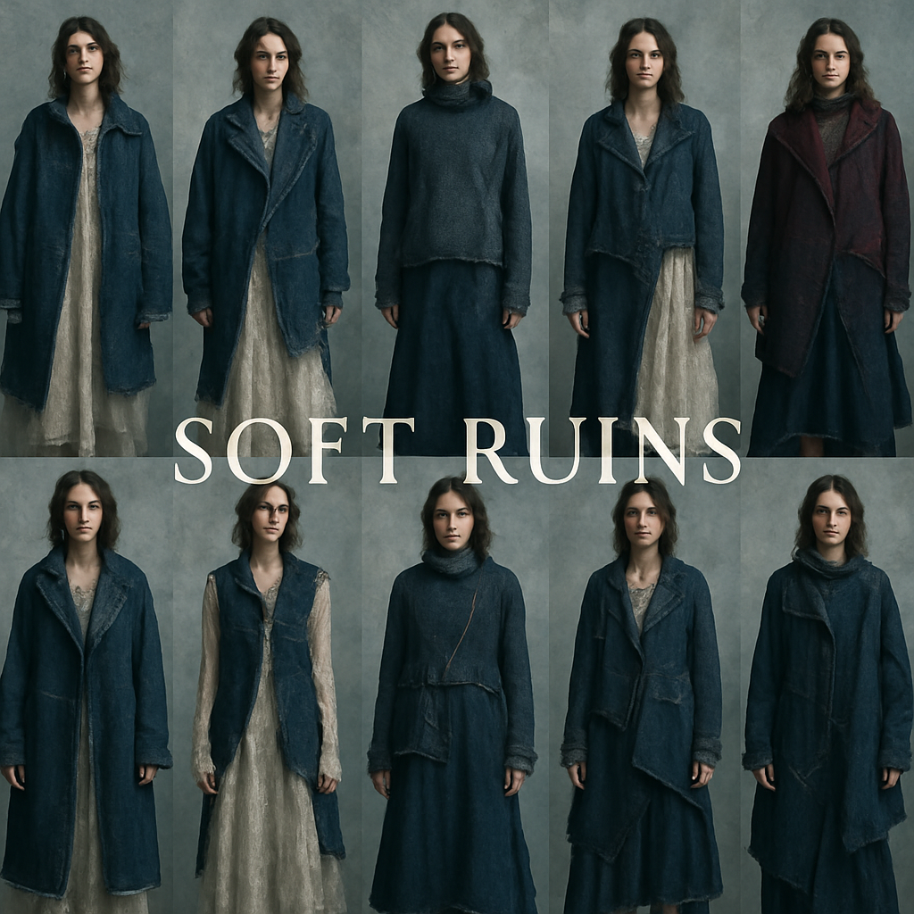A winter fashion collection called "Soft
Ruins" — inspired by the contrast between roughness and poetry.
The aesthetic combines grunge and delicate femininity: raw denim textures, distressed seams, visible hand-stitching, and rough layering mixed with lace, sheer fabrics, and soft light materials.
The mood is melancholic but elegant — like old architecture covered in frost, where decay meets beauty.
Use oversized silhouettes, asymmetric cuts, and layered details.
Main fabrics: denim, leather, lace, organza, wool, and plaid.
Color palette: deep indigo, graphite gray, ivory, burgundy, and touches of gold.
Style it as a poetic grunge winter collection
- emotional, textured, and softly dramatic.10 different outfits 

A winter fashion collection called "Soft
Ruins" — inspired by the contrast between roughness and poetry.
The aesthetic combines grunge and delicate femininity: raw denim textures, distressed seams, visible hand-stitching, and rough layering mixed with lace, sheer fabrics, and soft light materials.
The mood is melancholic but elegant — like old architecture covered in frost, where decay meets beauty.
Use oversized silhouettes, asymmetric cuts, and layered details.
Main fabrics: denim, leather, lace, organza, wool, and plaid.
Color palette: deep indigo, graphite gray, ivory, burgundy, and touches of gold.
Style it as a poetic grunge winter collection
- emotional, textured, and softly dramatic.10 different outfits 