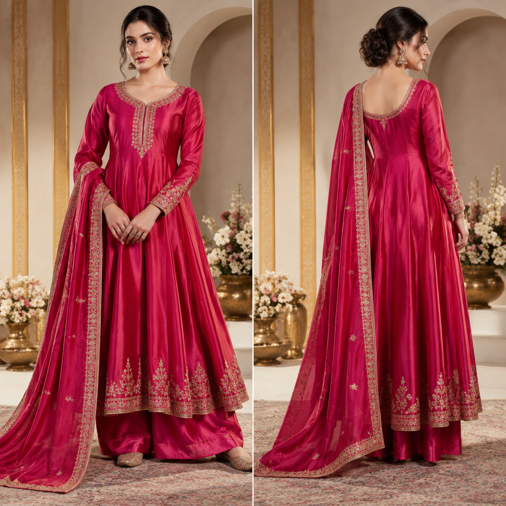 A Salwar Kameez design, made of Satin, with a rich, textured surface, with a Flared silhouette, in a Bold & Bright color palette, for Wedding, suitable for Fall, suited to a Tropical climate, in Glamorous + Business style, shown on a model with fair skin and a petite figure Present it as professional fashion catalogue photography: the garment is the subject, shown full-length with editorial styling, neutral posing and tasteful, non-suggestive framing.
photorealistic fashion design, A Salwar Kameez design, made of Satin, with a rich, textured surface, with a Flared silhouette, in a Bold & Bright color palette, for Wedding, suitable for Fall, suited to a Tropical climate, in Glamorous + Business style, shown on a model with fair skin and a petite figure Present it as professional fashion catalogue photography: the garment is the subject, shown full-length with editorial styling, neutral posing and tasteful, non-suggestive framing., glamorous style, just the design no text, show front and back