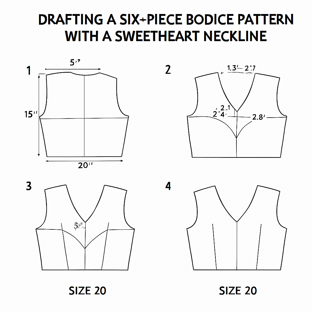Writing steps of drafting a six piece bodice pattern with a sweet heart neck at the neck line, with measurements all through the blouse pattern of a size 20
Writing steps of drafting a six piece bodice pattern with a sweet heart neck at the neck line, with measurements all through the blouse pattern of a size 20