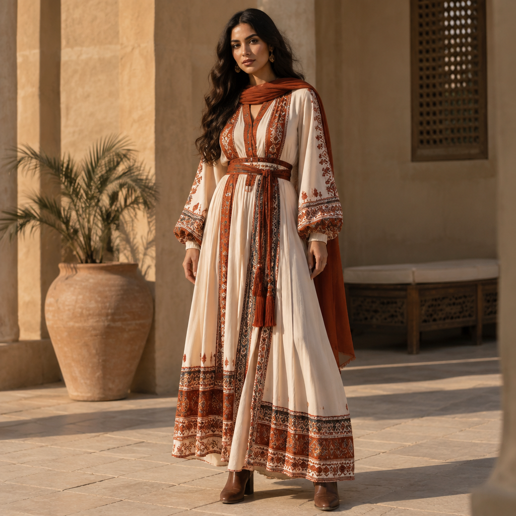 A Female Dress design, suitable for Fall. Consider Egyptian fashion — flowing silhouettes, vibrant colors, cotton and linen traditions, modest yet elegant. Current season is Autumn in Egypt. Present it as professional fashion catalogue photography: the garment is the subject, shown full-length with editorial styling, neutral posing and tasteful, non-suggestive framing.
photorealistic fashion design, A Female Dress design, suitable for Fall. Consider Egyptian fashion — flowing silhouettes, vibrant colors, cotton and linen traditions, modest yet elegant. Current season is Autumn in Egypt. Present it as professional fashion catalogue photography: the garment is the subject, shown full-length with editorial styling, neutral posing and tasteful, non-suggestive framing., just the design no text