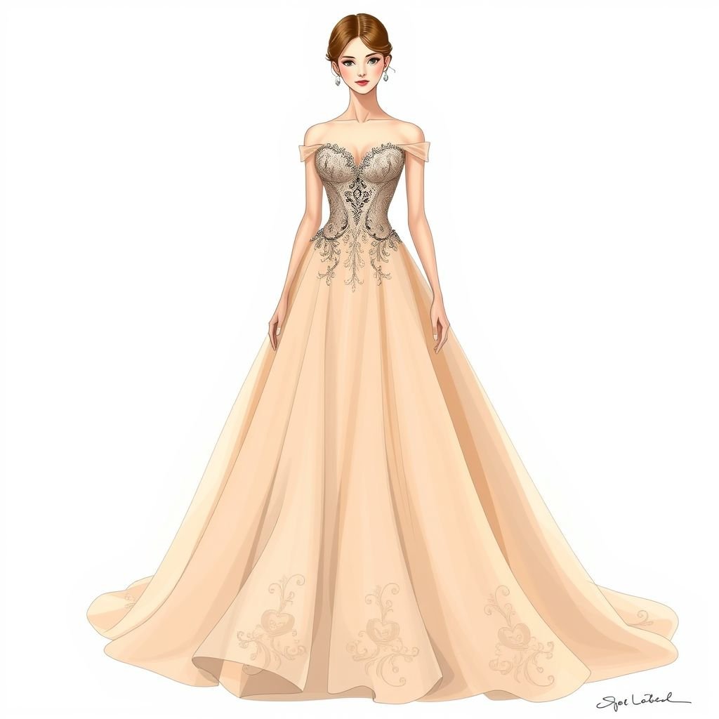 A elegant classy dress
Design a sophisticated evening gown with a fitted silhouette, featuring a sweetheart neckline and intricate lace details cascading down the bodice. The skirt flares out dramatically, made of translucent layers in soft pastels. Complete the look with delicate off-the-shoulder sleeves and a sweeping train, embodying timeless elegance for formal occasions.
