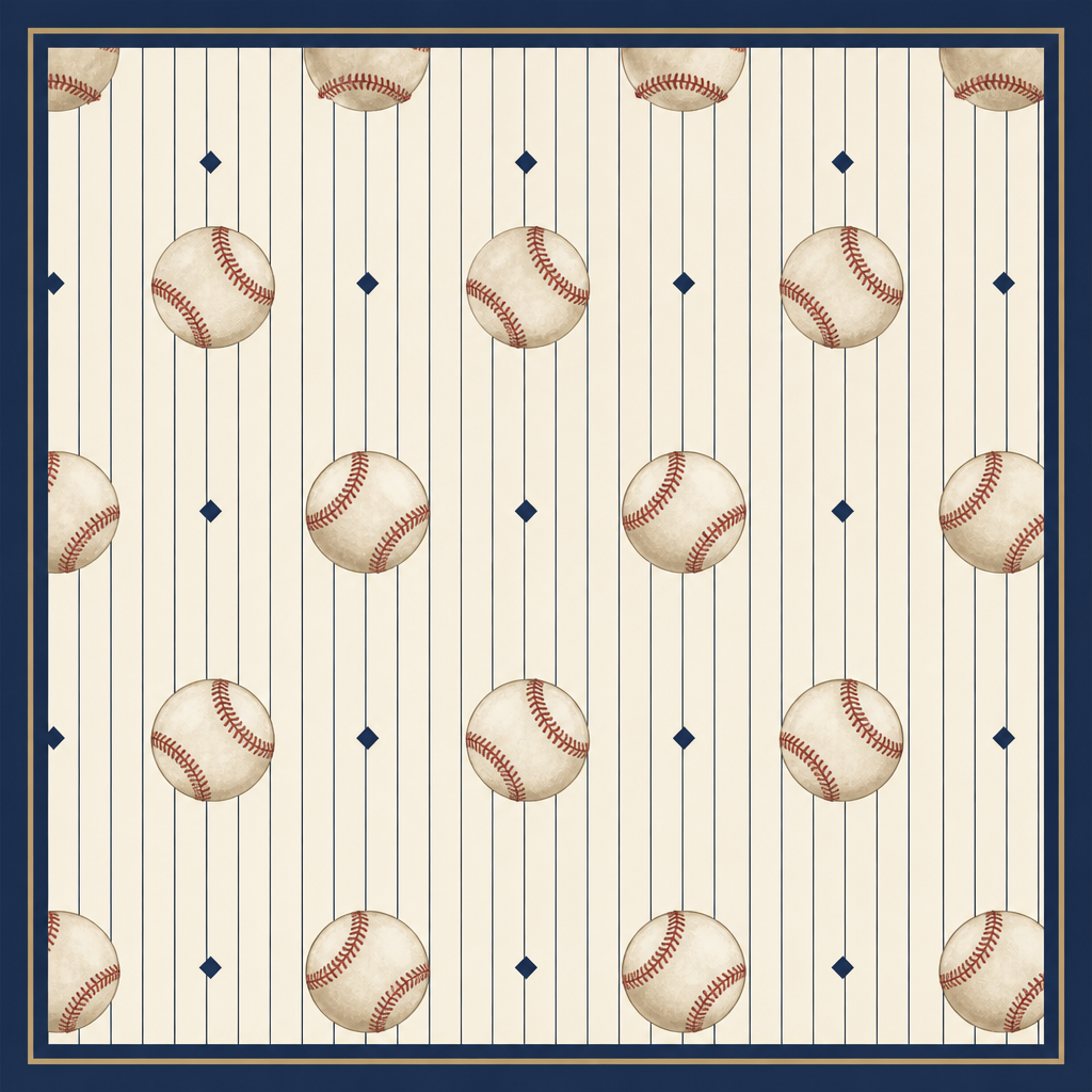 Design a luxury silk twilly scarf inspired by vintage American softball. Ivory silk background with ultra-fine navy blue pinstripes running vertically. Scattered antique cream-colored softballs with realistic red stitching, evenly spaced and elegant. Small subtle navy diamond motifs placed between the softballs. Navy border with a thin metallic gold accent line. Sophisticated, timeless, Hermès-inspired composition with plenty of negative space, hand-illustrated aesthetic, seamless repeating pattern, high-end fashion accessory, refined color palette.
photorealistic fashion design, Design a luxury silk twilly scarf inspired by vintage American softball. Ivory silk background with ultra-fine navy blue pinstripes running vertically. Scattered antique cream-colored softballs with realistic red stitching, evenly spaced and elegant. Small subtle navy diamond motifs placed between the softballs. Navy border with a thin metallic gold accent line. Sophisticated, timeless, Hermès-inspired composition with plenty of negative space, hand-illustrated aesthetic, seamless repeating pattern, high-end fashion accessory, refined color palette., classic style, just the design no text