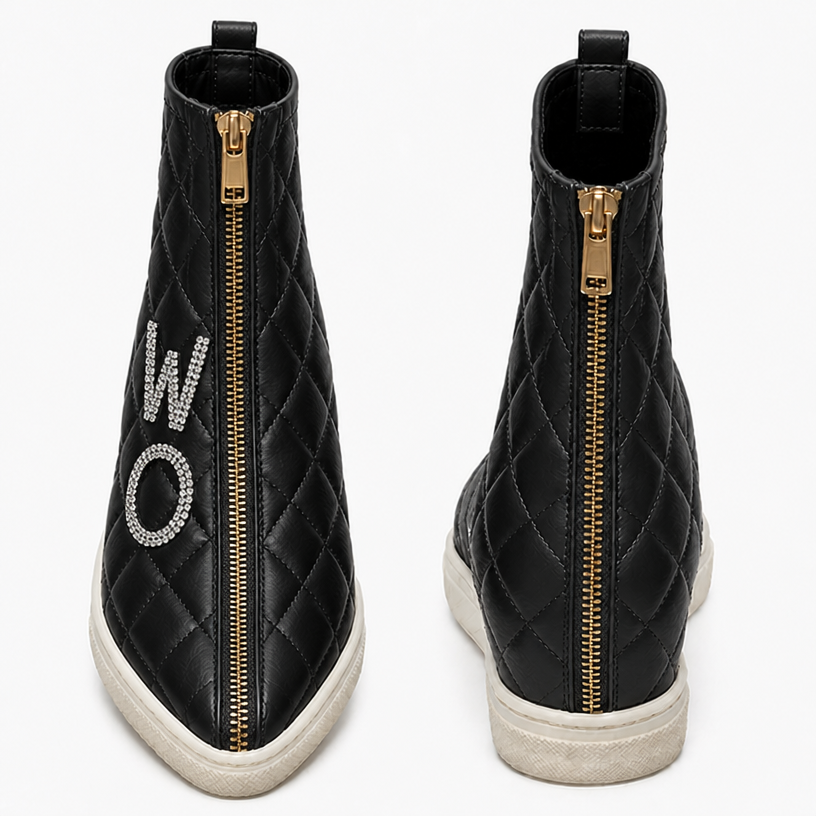 Make this same sneaker in black with the rhinestone letters W and O in the front on the right hand side
edit the attached fashion design with these instructions: Make this same sneaker in black with the rhinestone letters W and O in the front on the right hand side. keep it photorealistic, just the design no text