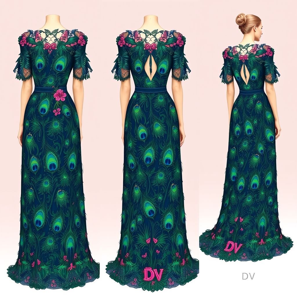 Create me a unique Peacock dress with a little pink in it.met gala dress. But I want it to be modest I want the arms and legs covered. and empowers a Met Gala look. Put “DV” on it somewhere
Design an elegant, modest peacock gown for the Met Gala, featuring a lavish array of peacock feather motifs in deep blues and greens, complemented by delicate pink accents. The dress should gracefully cover arms and legs, exuding sophistication, and be adorned with the initials "DV" subtly embroidered along the hem.
