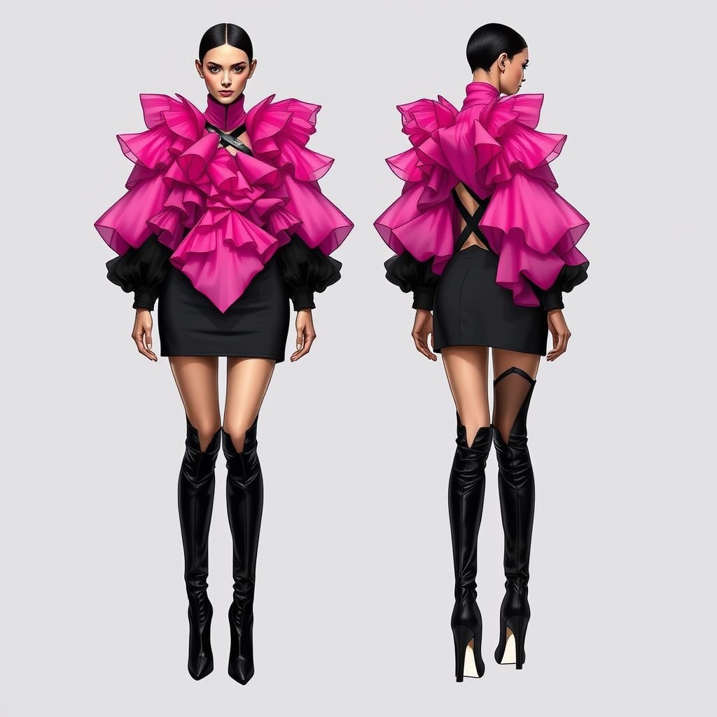 Pink, black, leather, chiffon, mini, mutton sleeves, knee high boots
Design an avant-garde ensemble featuring a striking pink and black color palette. Imagine a sculptural mini dress made of layered chiffon with exaggerated mutton sleeves, showcasing bold asymmetry and texture. Pair it with sleek black leather knee-high boots, merging edgy sophistication and futuristic elements, complete with unexpected cutouts for dramatic flair.