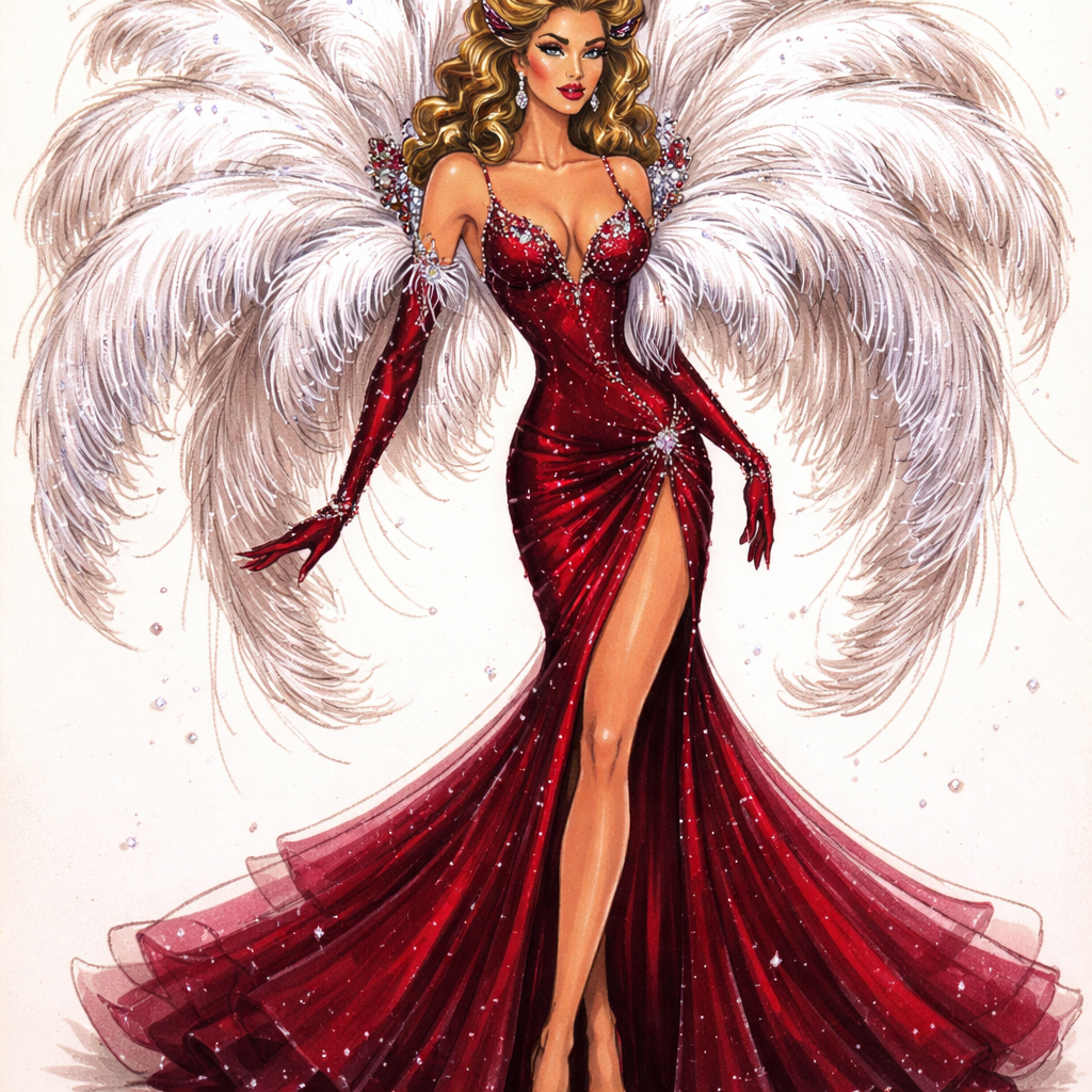 Ich will ein dunkelrotes Kleid mit etwas lace und weise Federn auf der Rückseite so wie diese showgirl Fächer. Die Federn sollen auch von vorne sichtbar sein. Ich möchte das Kleid, vom Schnitt her dramatisch mit also von Birnen und so weiter. Das Bild soll wie eine Zeichnung sein
Ich will ein dunkelrotes Kleid mit etwas lace und weise Federn auf der Rückseite so wie diese showgirl Fächer. Die Federn sollen auch von vorne sichtbar sein. Ich möchte das Kleid, vom Schnitt her dramatisch mit also von Birnen und so weiter. Das Bild soll wie eine Zeichnung sein , nineties style