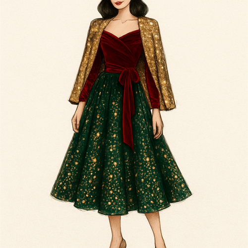 Festive Attire variation of cocktail attire, blending elegance with seasonal flair through elements like rich colors, holiday sparkle, and festive fabrics such as velvet, sequins, and metallics. 