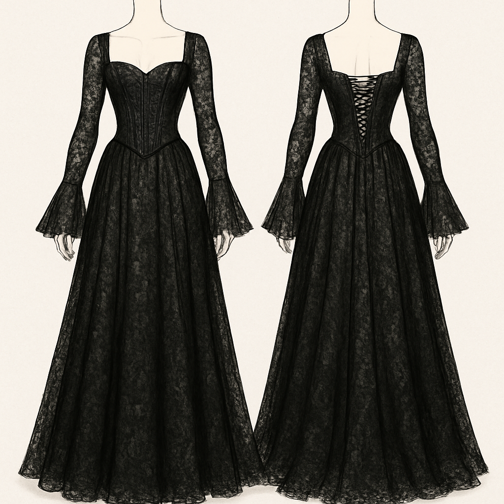 A black lace dress, corset top with long sleeves covering the hands as they flare out at the ends, the skirt part flows down to the feet.
A black lace dress, corset top with long sleeves covering the hands as they flare out at the ends, the skirt part flows down to the feet., formal style, show front and back
