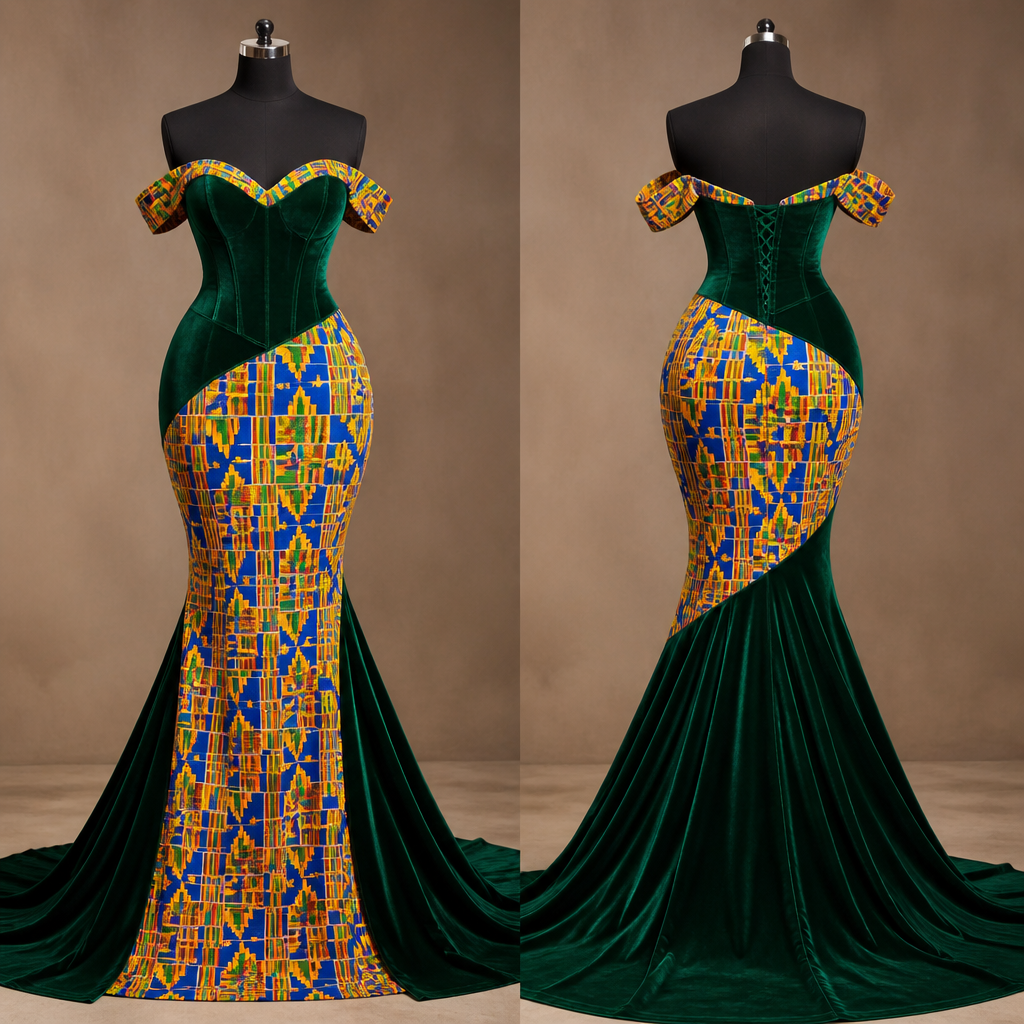 Mermaid dress with a Green velvet corset top , sweetheart neckline and more blue and yellow with minimal green and red Nkrumah kente from the waist downwards.
The kente also running along the neckline with kente off-shoulder sleeves The trail attached at the level of the knees also made from green velvet.
The connection between the velvet and kente is oblique to right side at the level of the wait and hips.
photorealistic fashion design, Mermaid dress with a Green velvet corset top , sweetheart neckline and more blue and yellow with minimal green and red Nkrumah kente from the waist downwards.
The kente also running along the neckline with kente off-shoulder sleeves The trail attached at the level of the knees also made from green velvet.
The connection between the velvet and kente is oblique to right side at the level of the wait and hips. , just the design no text, show front and back