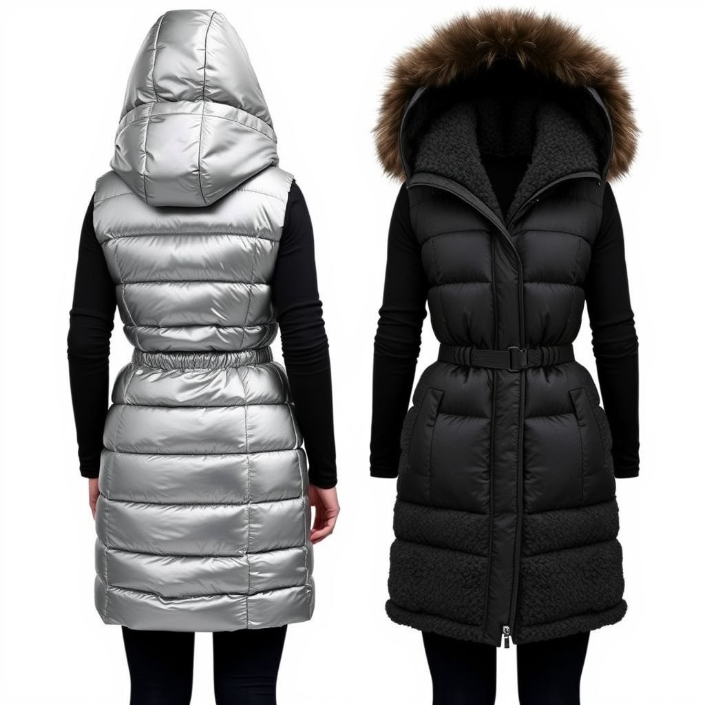 Invision a long puffer jacket that is a vest and lined with Sherpa fabric. The vest is reversible and has a hoodie.
Imagine a long, luxurious puffer vest that effortlessly blends functionality and style. One side showcases a sleek, metallic finish, while the other reveals soft, textured Sherpa. The oversized hood adds drama, and a cinched waist creates a flattering silhouette. Perfect for layering, this versatile piece transitions seamlessly from outdoor adventures to urban chic.