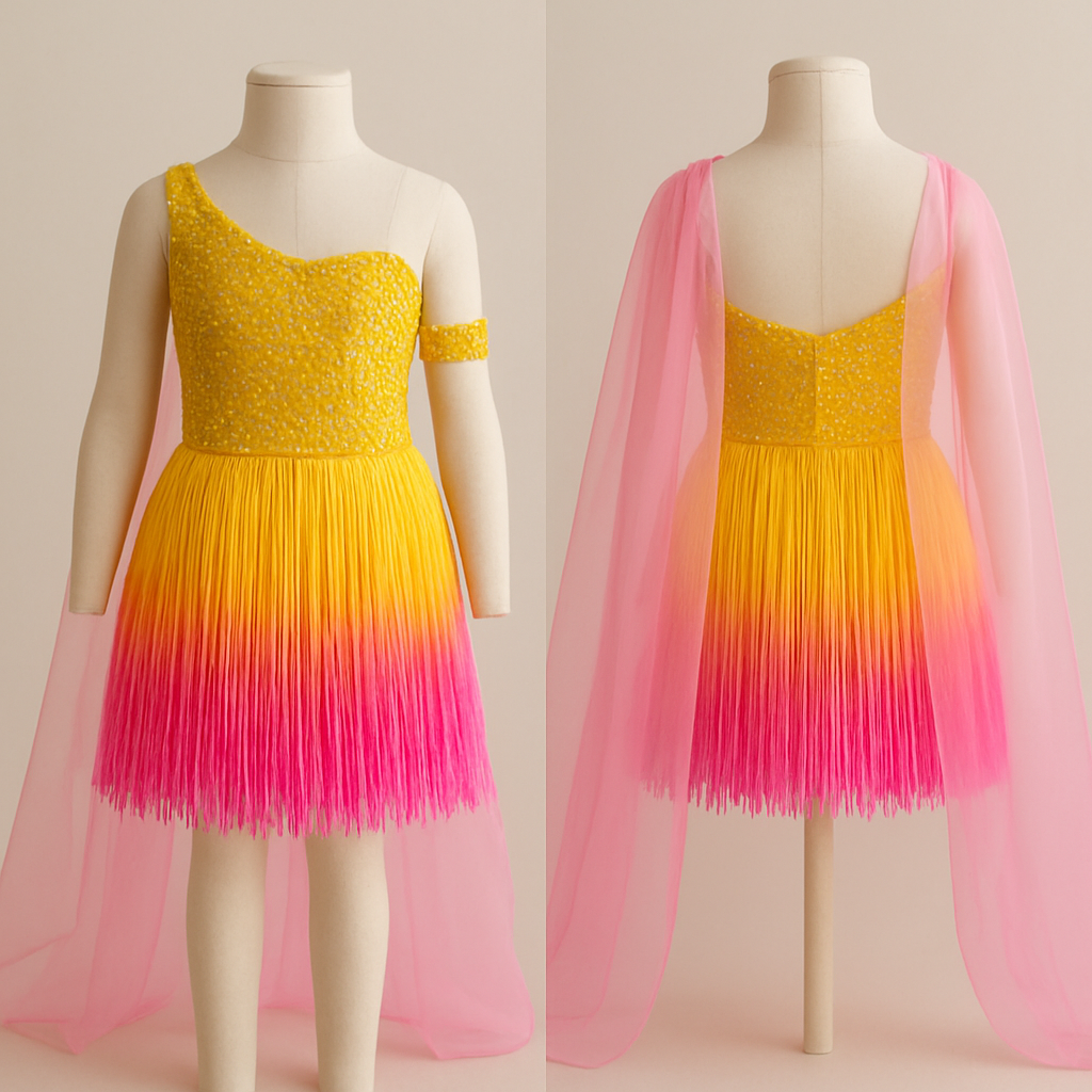 Yellow rhinestone beaded bodice with a ombré pink and yellow fringe skirt that is 5 inches above the knees and that looks like a dress with one yellow beaded arm cuff. Attached will be a pink organza cape that drapes past the feet for an 8 year old
Yellow rhinestone beaded bodice with a ombré pink and yellow fringe skirt that is 5 inches above the knees and that looks like a dress with one yellow beaded arm cuff. Attached will be a pink organza cape that drapes past the feet for an 8 year old, show front and back