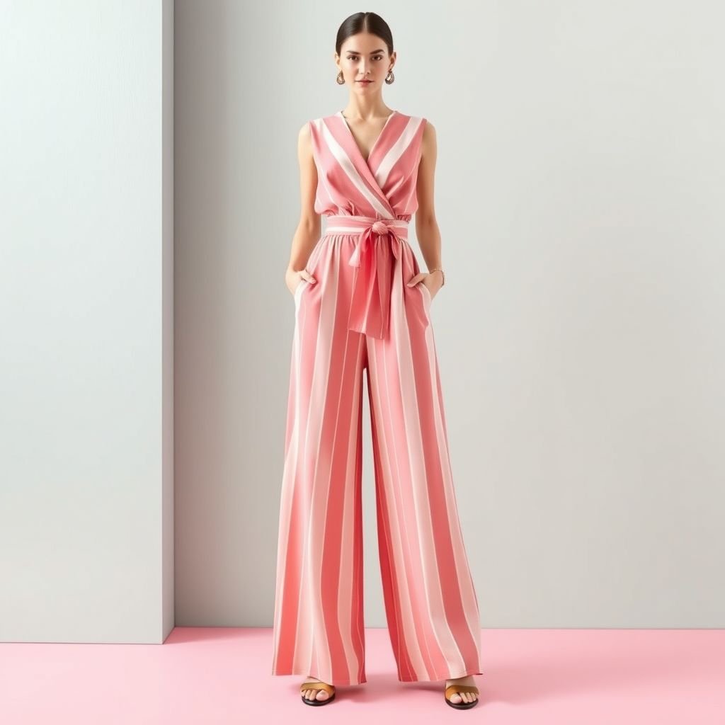 One piece with thin stripes - inspired by solid and strip
Design a chic, one-piece jumpsuit featuring delicate, thin stripes that seamlessly blend solid blocks of color. The bodice boasts a modern asymmetrical neckline, while the wide-leg trousers create a flowy silhouette. Accentuate with a cinched waist and oversized pockets, all in a palette of pastel hues, evoking sophistication and playfulness.