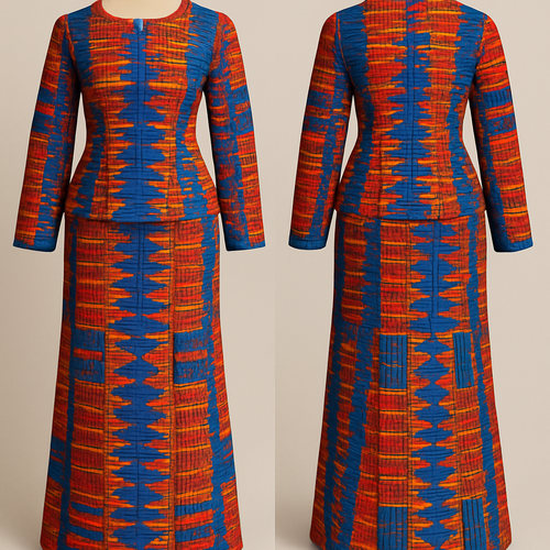 Kente 
Top and blouse 
Long sleeved 
Long skirt 
Blue and red coloue