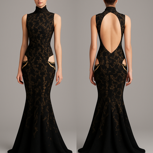 the dress is going to be black with gold thread. A backless and sleeveless turtleneck, it’s fitted and at the hips there’s two open pieces which show off a hip window with gold chains, it also has a mermaid skirt at the bottom.