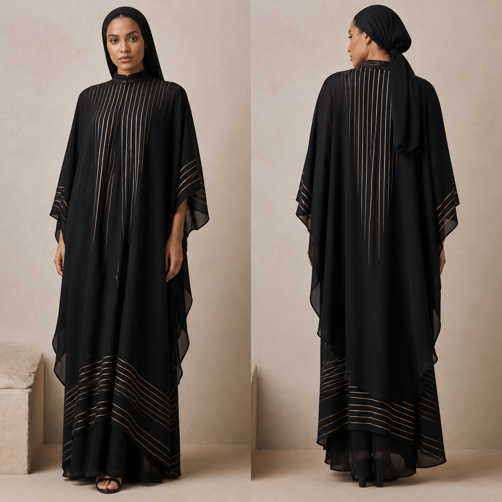 A Female Dress design, made of Silk, with a soft, cosy hand, with modest, full coverage: longer hemlines, higher necklines and covered shoulders, suitable for Summer, suited to a Dry & Arid climate, in Designer style. اريد توب سوداني اسود و فيه خطوط بالدهبي Present it as professional fashion catalogue photography: the garment is the subject, shown full-length with editorial styling, neutral posing and tasteful, non-suggestive framing.
photorealistic fashion design, A Female Dress design, made of Silk, with a soft, cosy hand, with modest, full coverage: longer hemlines, higher necklines and covered shoulders, suitable for Summer, suited to a Dry & Arid climate, in Designer style. اريد توب سوداني اسود و فيه خطوط بالدهبي Present it as professional fashion catalogue photography: the garment is the subject, shown full-length with editorial styling, neutral posing and tasteful, non-suggestive framing., designer style, just the design no text, show front and back