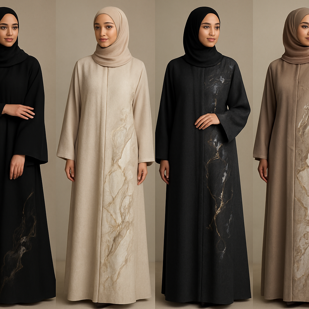 Create a modest abaya that's the first of its kind, featuring a unique stone design that exudes a classy and sophisticated vibe. I'd like four designs, each showcasing different styles and fabrics.
Incorporate high-end, unique chic stone designs to make them truly special. Add little sophisticated stone design.
Create a modest abaya that's the first of its kind, featuring a unique stone design that exudes a classy and sophisticated vibe. I'd like four designs, each showcasing different styles and fabrics.
Incorporate high-end, unique chic stone designs to make them truly special. Add little sophisticated stone design.