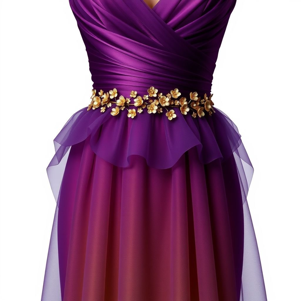 short dress purple and gold ombré effect all over with small gold flowers around the waist line
Design an elegant short dress featuring a luxurious purple and gold ombré effect that cascades gracefully from top to bottom. The silhouette should be fitted, accentuating the waist, while delicate small gold flowers intricately adorn the waistline, adding a touch of sophistication. Enhance with thin, shimmering straps for an ethereal finish.