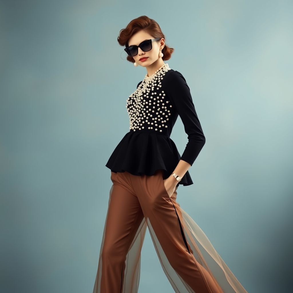 crea top model de piel negra y ojos de color azules , utilizando corsé de peplun lleno de perlas doradas textura sobresalientes pantalones de chifon transparente y pendientes de perlas de gran tamaño , alta costura vanguardista y zapatos pavimentado de perlas pequeñas
Crea una espectacular modelo de piel negra con ojos azules que emana un aire vintage. Viste un corsé de peplum adornado con perlas doradas de textura sobresaliente, complementado con pantalones de chifón transparente que fluyen elegantemente. Añade pendientes de perlas grandes, zapatos de perlas pequeñas, y captura la esencia de la alta costura retro.