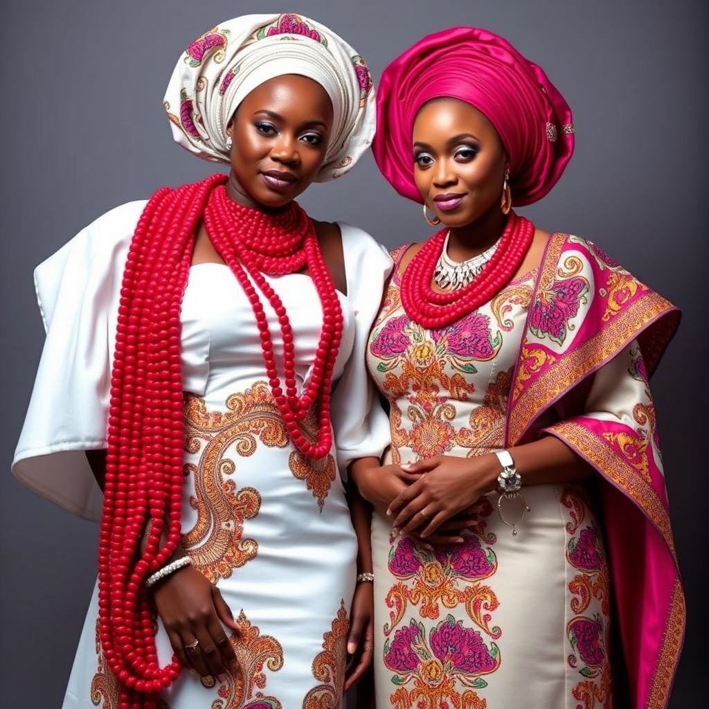 Igbo bride red beads and Gele and one of her bridesmaids on Gele too
Design a stunning Igbo bridal ensemble featuring vibrant red bead necklaces and intricate Gele headwraps, showcasing rich cultural heritage. The bride’s dress showcases traditional patterns with modern silhouettes, while her bridesmaid complements her in a matching Gele and elegant attire adorned with colorful embroidery. Celebrate African beauty and craftsmanship in every detail.