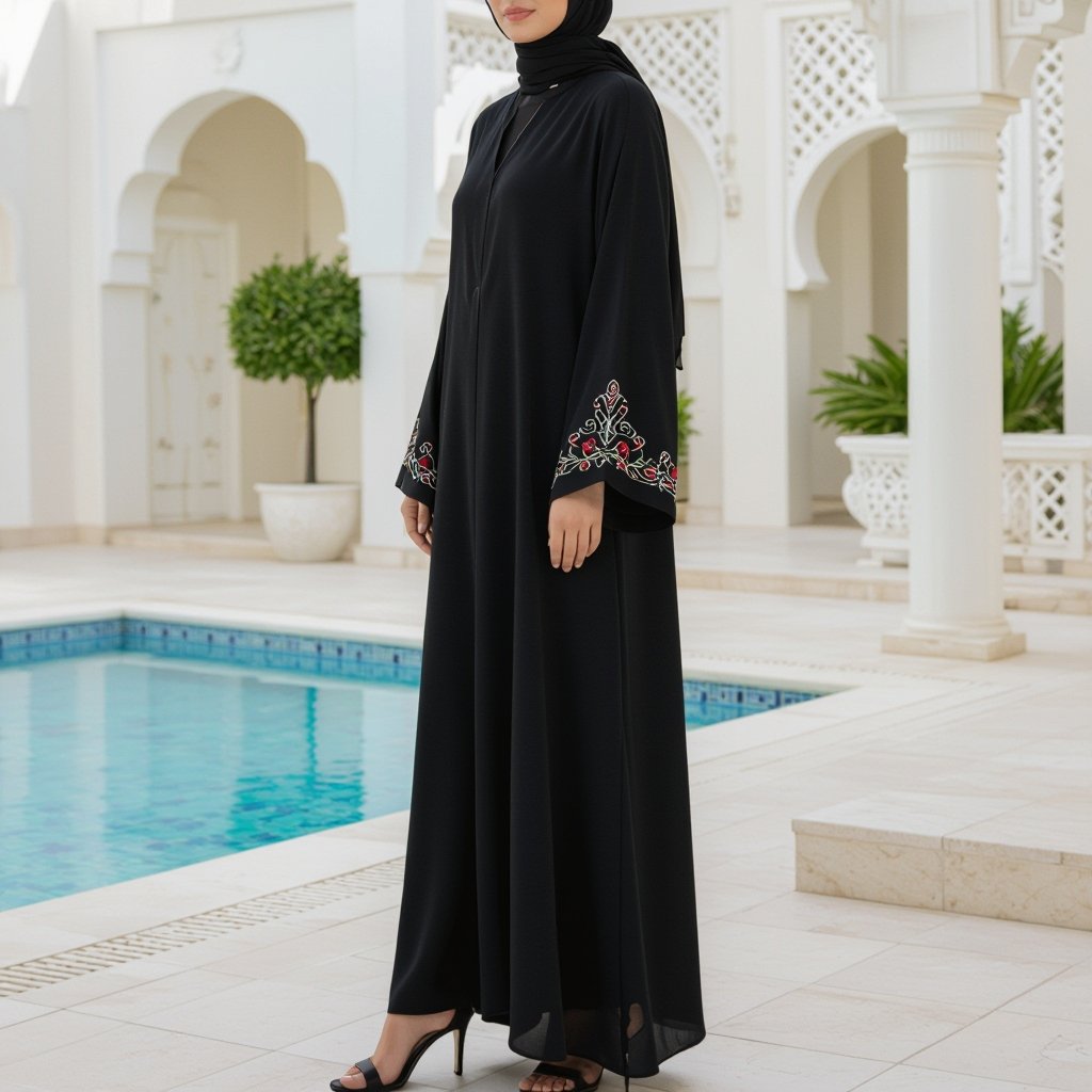 Abaya
Abaya in flowing black silk, with a modest, loose fit and delicate embroidery on the cuffs.