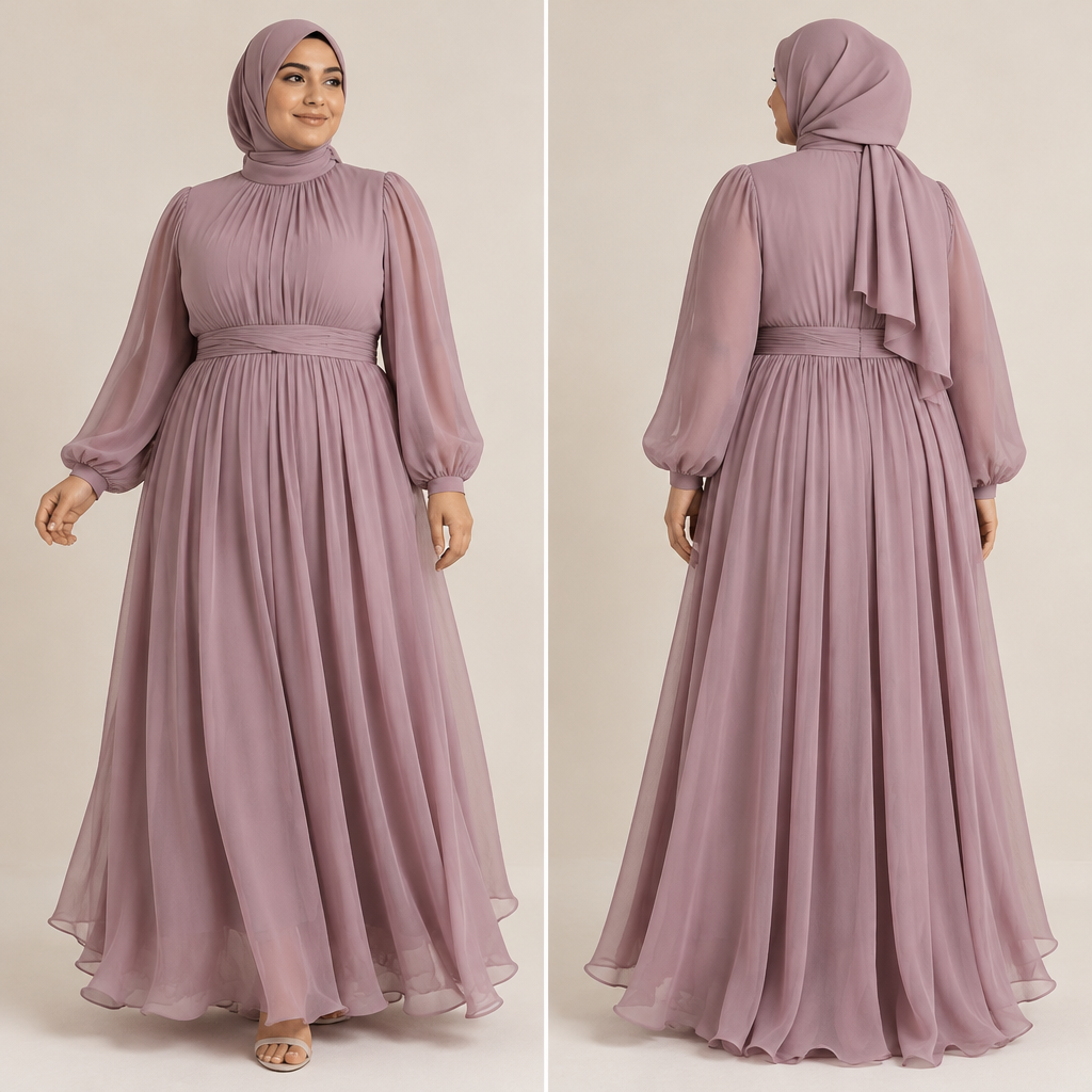 A Female Dress design, made of Chiffon, with a light, flowing drape, with a Flared silhouette, with modest, full coverage: longer hemlines, higher necklines and covered shoulders, for Party, suitable for Summer, suited to a Temperate climate, in Minimalist + Elegant style, shown on a model with medium skin tone and a plus-size figure. مع حجاب Present it as professional fashion catalogue photography: the garment is the subject, shown full-length with editorial styling, neutral posing and tasteful, non-suggestive framing.
photorealistic fashion design, A Female Dress design, made of Chiffon, with a light, flowing drape, with a Flared silhouette, with modest, full coverage: longer hemlines, higher necklines and covered shoulders, for Party, suitable for Summer, suited to a Temperate climate, in Minimalist + Elegant style, shown on a model with medium skin tone and a plus-size figure. مع حجاب Present it as professional fashion catalogue photography: the garment is the subject, shown full-length with editorial styling, neutral posing and tasteful, non-suggestive framing., minimalist style, just the design no text, show front and back