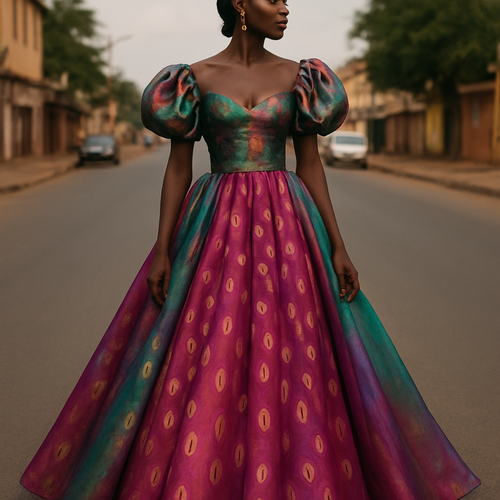 I want to Create one of kind colorful gown made from taffeta fabric with iridescent touches and design with a colorful two tone chiffon with designs of small and large real cowries for high end fashionista that will give it a sophisticated and gorgeous look on a real human dark skin modeling it on the roadside of a street in Africa.