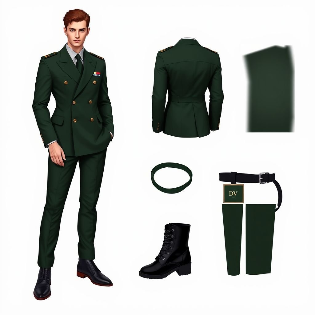 double breasted men suit, with DV on the cuff of sleeve. The suit color can be forest green
Design a tailored double-breasted men’s suit in a rich forest green, inspired by military aesthetics. Feature sharp, structured shoulders and epaulets adorned with brass buttons. The cuff showcases embroidered ‘DV’ for a personal touch. Pair with sleek black combat boots and a matching belt, merging elegance with rugged functionality.