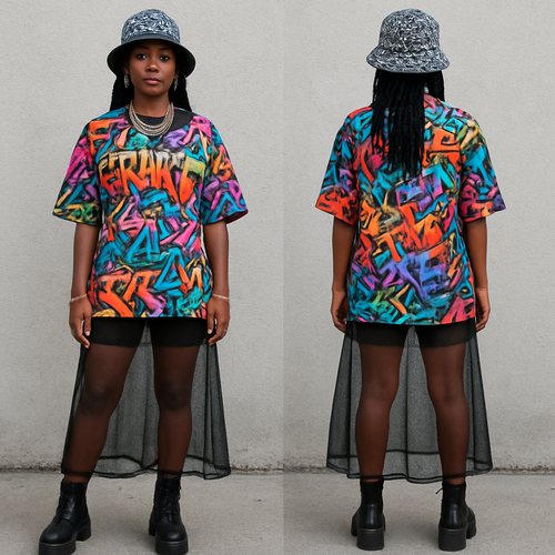 Black woman 
Graffiti shirt
Shorts 
See through skirt 
Platform boots 
hat with design 
Gold jewelry 

