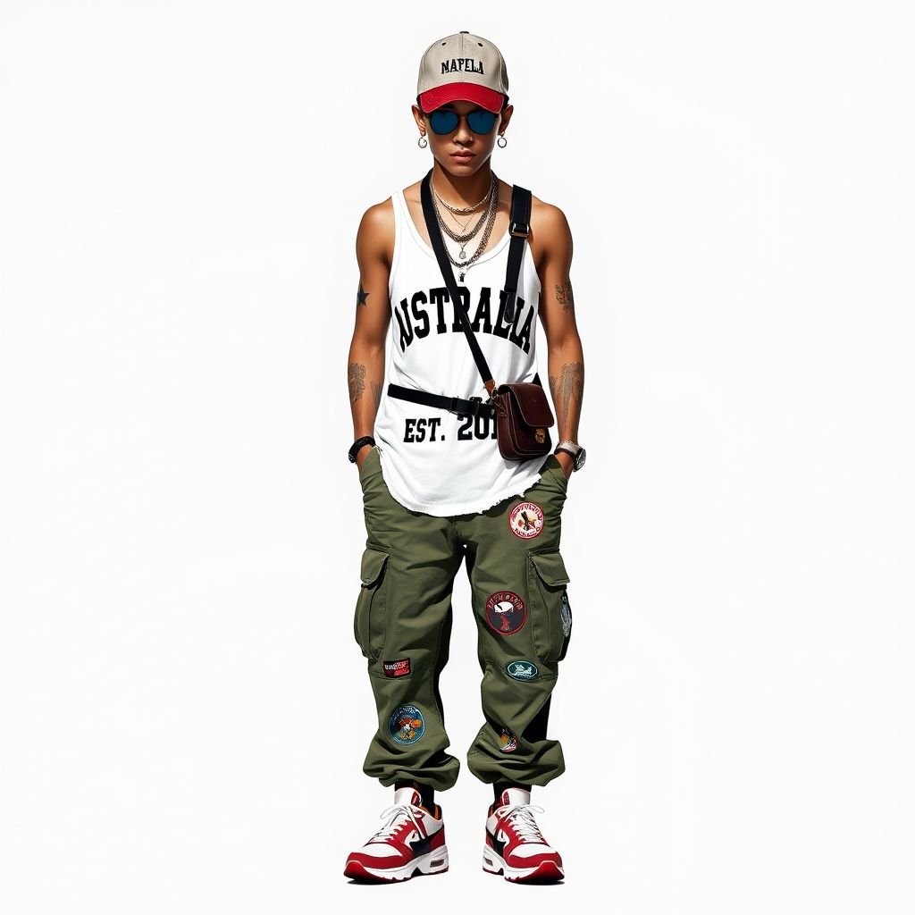 A white thin strapped girls white singlet vintage black writing saying Australia EST 2015
Design a streetwear-inspired look featuring a fitted, white thin-strapped singlet with distressed edges and bold vintage black lettering declaring "Australia EST 2015." Pair it with oversized cargo pants adorned with graphic patches, chunky sneakers, and a crossbody bag. Accessorize with a baseball cap and layered chain necklaces for an urban edge.