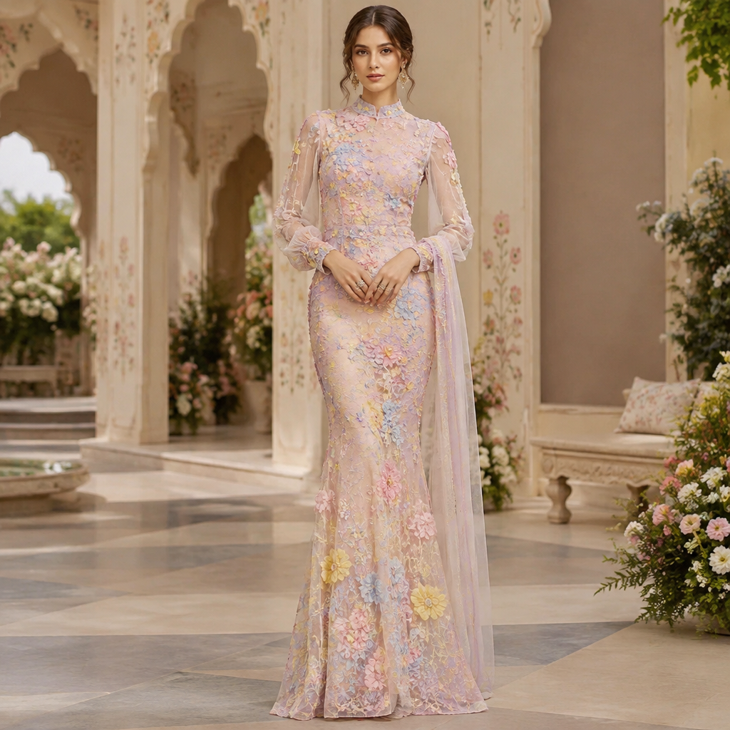 A Dress design, made of Chiffon, with a rich, textured surface, with a Bodycon silhouette, with modest, full coverage: longer hemlines, higher necklines and covered shoulders, in a Pastels color palette, for Wedding, suitable for Fall, suited to a Humid climate, in Kidcore style, shown on a model with fair skin and a tall figure. India fashion aesthetics. Present it as professional fashion catalogue photography: the garment is the subject, shown full-length with editorial styling, neutral posing and tasteful, non-suggestive framing.
photorealistic fashion design, A Dress design, made of Chiffon, with a rich, textured surface, with a Bodycon silhouette, with modest, full coverage: longer hemlines, higher necklines and covered shoulders, in a Pastels color palette, for Wedding, suitable for Fall, suited to a Humid climate, in Kidcore style, shown on a model with fair skin and a tall figure. India fashion aesthetics. Present it as professional fashion catalogue photography: the garment is the subject, shown full-length with editorial styling, neutral posing and tasteful, non-suggestive framing., kidcore style, just the design no text