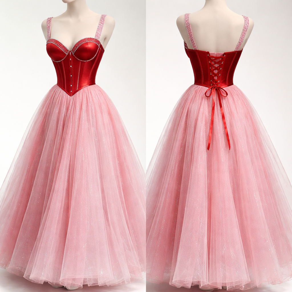 Create for me a red corset with pink sparkly straps. A pink puffy shimmery sheer tulle skirt that flows down to the ankles.
Create for me a red corset with pink sparkly straps. A pink puffy shimmery sheer tulle skirt that flows down to the ankles. , show front and back
