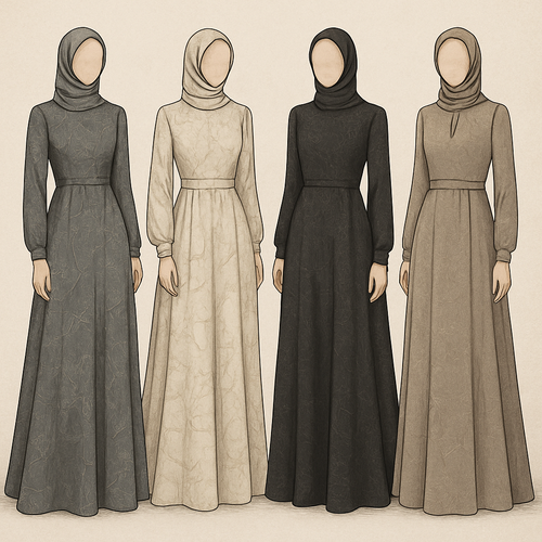 Create a modest dresses, the first of its kind, featuring a unique stone design that exudes a classy and sophisticated vibe. I'd like four designs, each showcasing different styles and fabrics. Incorporate high-end, unique chic stone designs to make them truly special. Add little sophisticated stone designs.