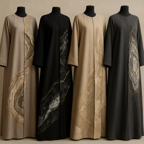 Create a modest abaya that's the first of its kind, featuring a unique stone design that exudes a classy and sophisticated vibe. I'd like four designs, each showcasing different styles and fabrics.
Incorporate high-end, unique chic stone designs to make them truly special.