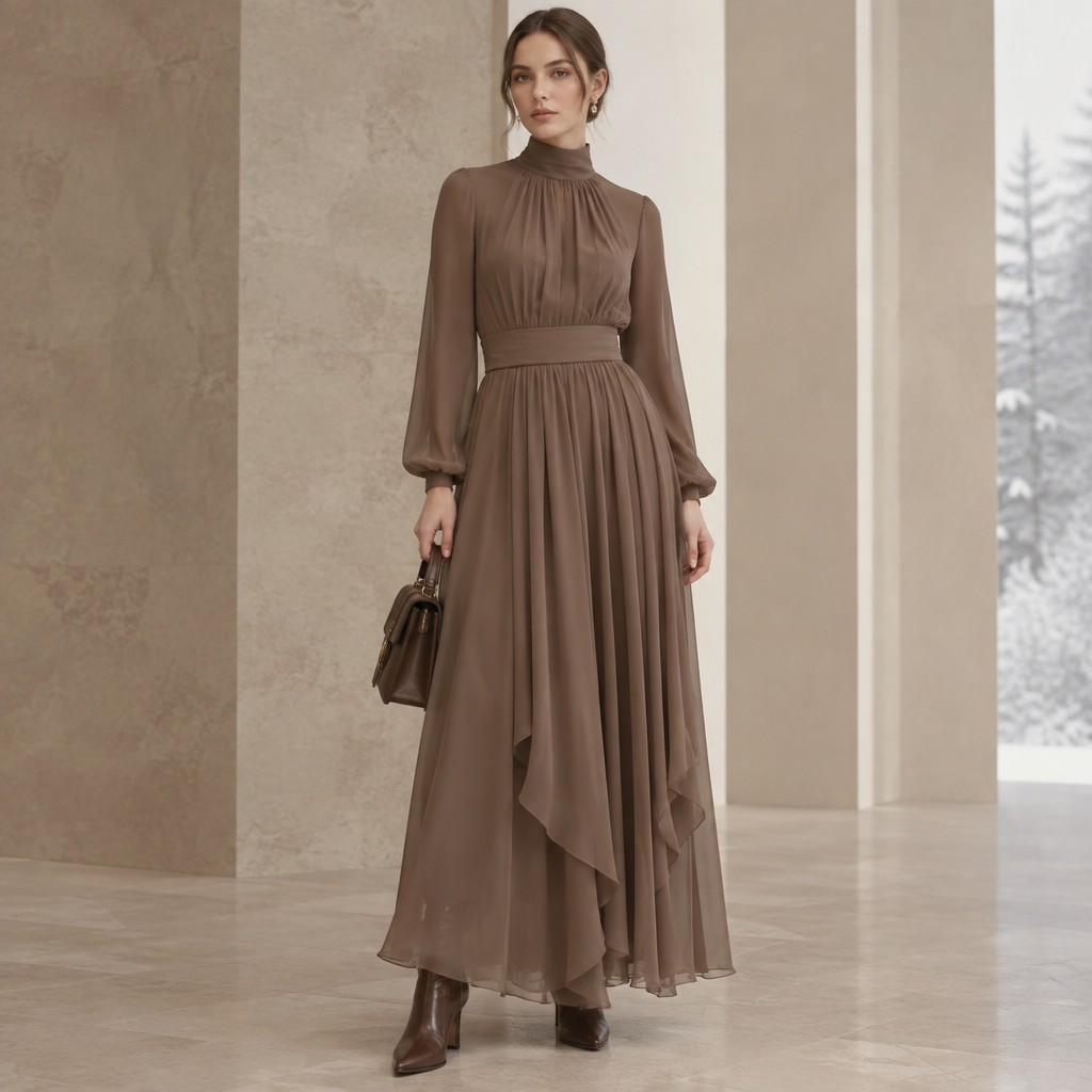 A Female Dress design, made of Chiffon, with a soft, cosy hand, with a Relaxed silhouette, with modest, full coverage: longer hemlines, higher necklines and covered shoulders, in an Earth Tones color palette, for Formal, suitable for Winter, suited to a Cold climate, in Business style, shown on a model with light skin and a slim figure. IQ fashion aesthetics. Present it as professional fashion catalogue photography: the garment is the subject, shown full-length with editorial styling, neutral posing and tasteful, non-suggestive framing.
photorealistic fashion design, A Female Dress design, made of Chiffon, with a soft, cosy hand, with a Relaxed silhouette, with modest, full coverage: longer hemlines, higher necklines and covered shoulders, in an Earth Tones color palette, for Formal, suitable for Winter, suited to a Cold climate, in Business style, shown on a model with light skin and a slim figure. IQ fashion aesthetics. Present it as professional fashion catalogue photography: the garment is the subject, shown full-length with editorial styling, neutral posing and tasteful, non-suggestive framing., business style, just the design no text