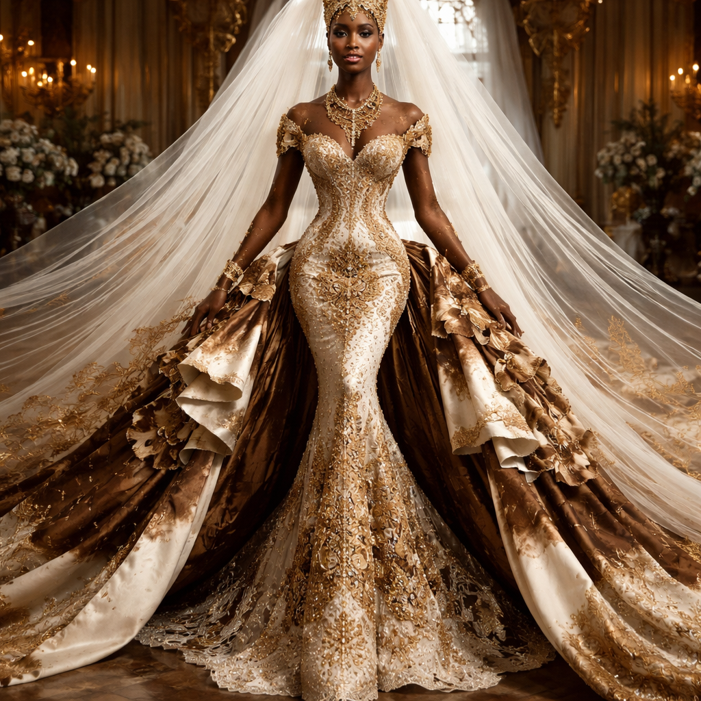 Extravagant Congolese traditional wedding masterpiece, dramatic couture gown with huge royal volume, 12-meter veil, brown, gold and ivory tones, luxurious Congolese fabric integrated in high-fashion structure, subtle cow skin details, gold embroidery, milk and honey symbolism in texture and embellishment, regal African queen silhouette, wearable couture, strong wow effect, luxury editorial, masterpiece entrance dress, traditional jewelry inspired by makalit, ultra dramatic but elegant.
Very body fitted with a detachable overskirt attached for the extra length
Extravagant Congolese traditional wedding masterpiece, dramatic couture gown with huge royal volume, 12-meter veil, brown, gold and ivory tones, luxurious Congolese fabric integrated in high-fashion structure, subtle cow skin details, gold embroidery, milk and honey symbolism in texture and embellishment, regal African queen silhouette, wearable couture, strong wow effect, luxury editorial, masterpiece entrance dress, traditional jewelry inspired by makalit, ultra dramatic but elegant.
Very body fitted with a detachable overskirt attached for the extra length