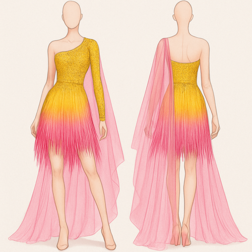 Yellow rhinestone beaded bodice with a ombré pink and yellow fringe shirt skirt that looks like a dress with one yellow beaded arm sleeve. Attached will be a pink organza cape that drapes past the feet